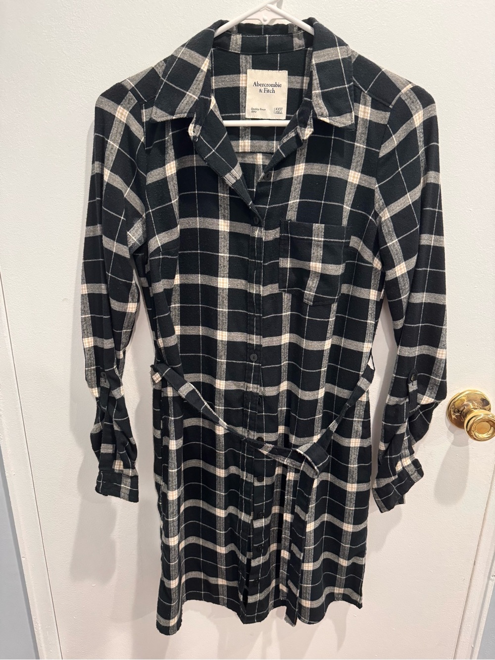 Abercrombie & Fitch Black and Cream Plaid Shirt Dress with Tie Waist